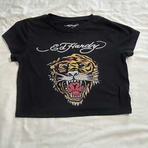 Ed Hardy Womens Tiger Graphic Crop Top Black Short Sleeve Tee Y2K Size L
